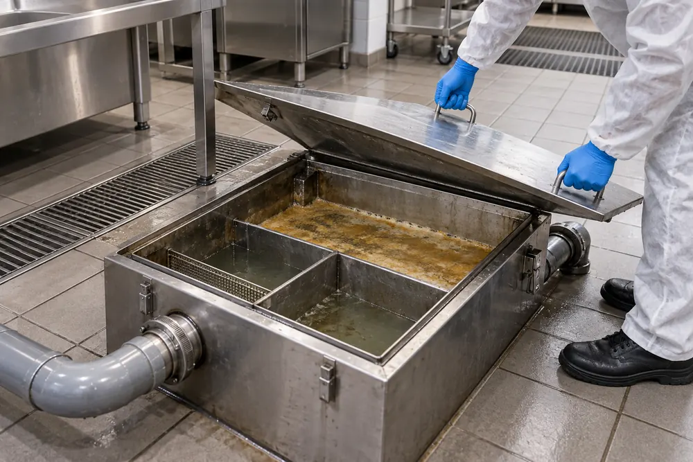 Protective gloved technician inspecting a commercial kitchen grease interceptor