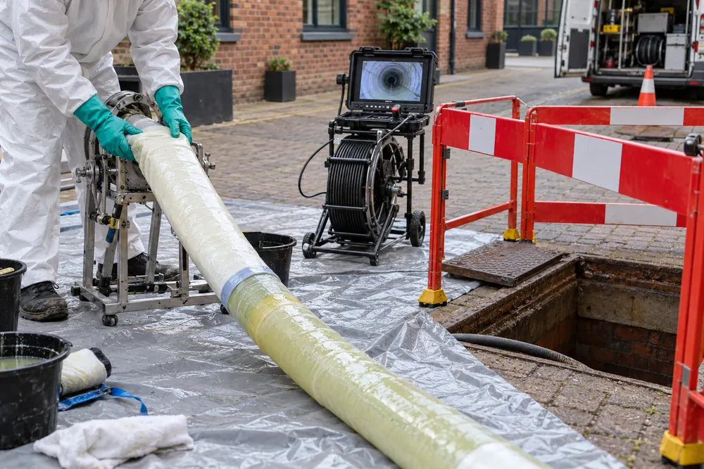 Drain lining material and inspection equipment prepared beside a protected chamber