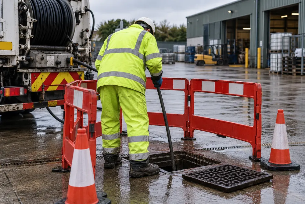 Drainage technician working from outside a barriered inspection chamber